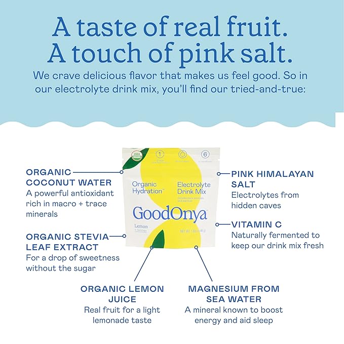 GOODONYA Organic Hydration Electrolyte Drink Mix, Certified Organic Hydration Powder, Non-GMO, Biochecked Glyphosate Free, Low Sugar, Lemonade Flavor, No Artificial Flavors, 6 Servings