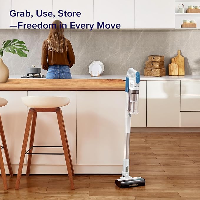 LEVOIT Cordless Vacuum Cleaner, Stick Vac with Tangle-Resistant Design, Up to 50 Minutes, Powerful Suction, Rechargeable, Lightweight, and Versatile for Carpet, Hard Floor, Pet Hair, White＆Blue