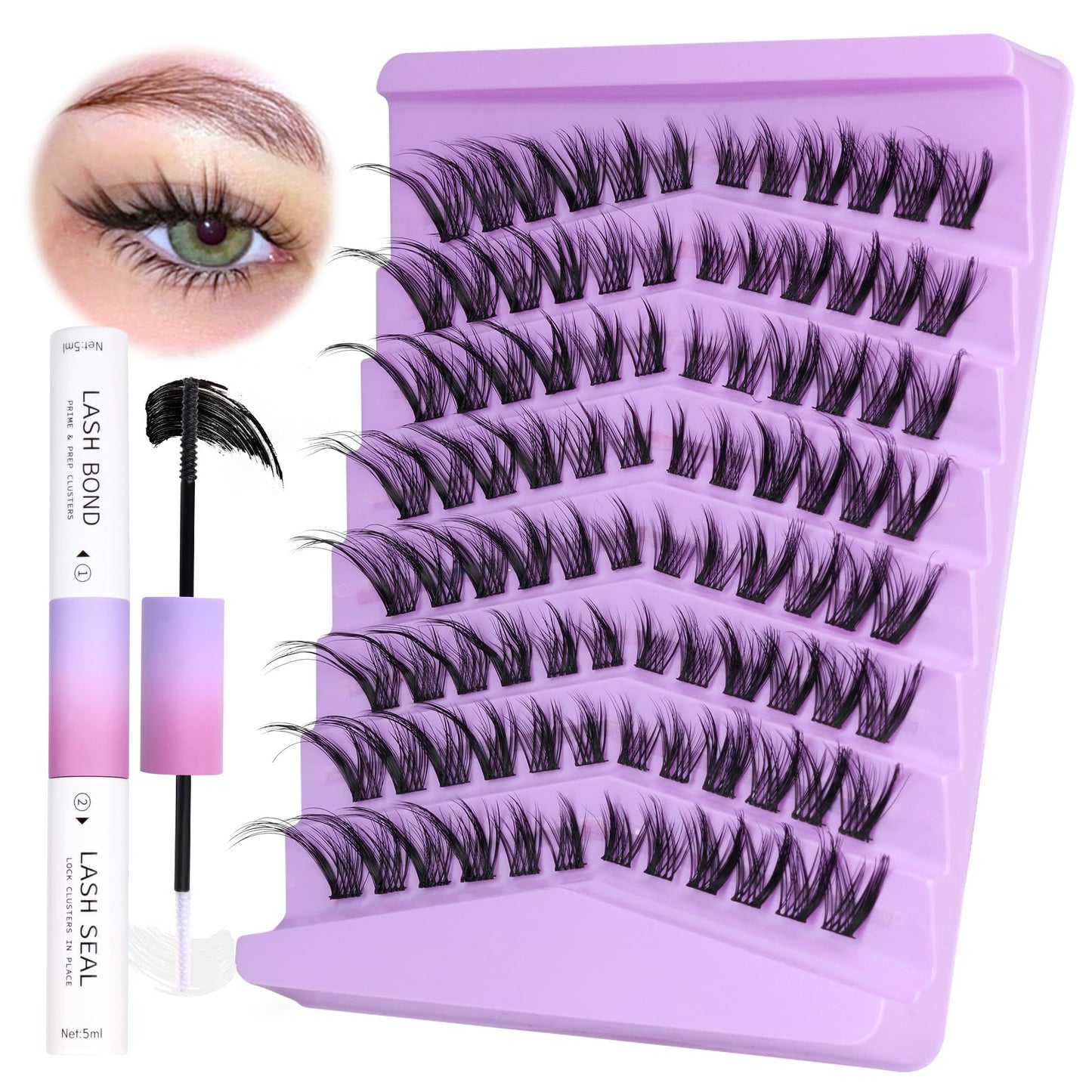 Fox Eye Lash Extension Kit Cat Eye Lash Clusters L Curl Wispy Natural Looking DIY Eyelash Extensions Kit with Bond and Seal by Mavphnee