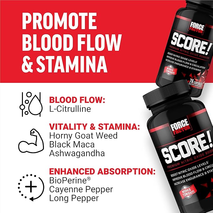 Force Factor SCORE! Nitric Oxide Supplement for Men with Horny Goat Weed, L-Citrulline, Ashwagandha, Black Maca & Tribulus, Ignite Drive & Energy, Increase Endurance, For Male Vitality, 76 Capsules
