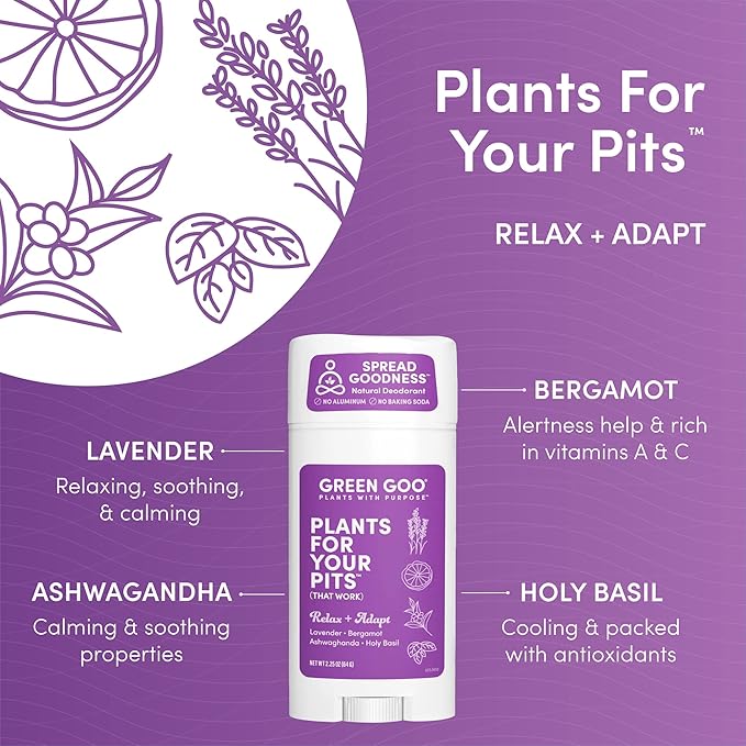 Green Goo Herbal Deodorant for Men and Women, Relax + Adapt with Lavender, Bergamot, Ashwagandha, and Holy Basil, 2.25 Ounce
