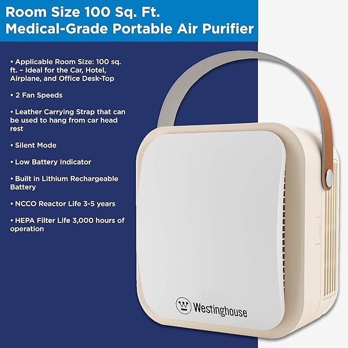 Westinghouse 1804 Patented NCCO Technology Portable Air Purifier with True HEPA Filter and NCCO Technology - Removes Bacteria, Viruses, VOCs, Allergens, Dust, Smoke, Odors - Ideal for Airplane, Hotels