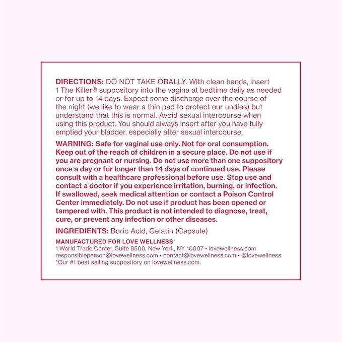 Love Wellness The Killer | Boric Acid Suppositories for Women | Vaginal Suppository for Healthy pH Balance & Vaginal Odor Control to Promote Fresh Scent | Vaginal Health Support | 14 Count