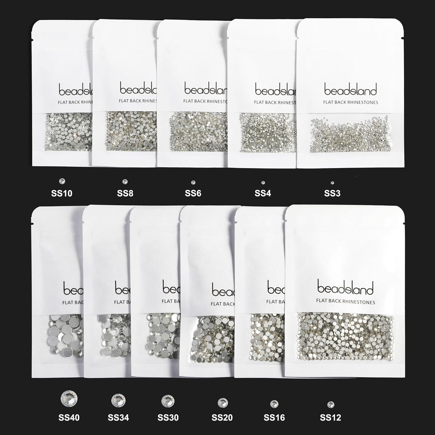 beadsland Flat Back Crystal Rhinestones Round Gems for Nail Art and Craft Glue Fix, Black, (2.9-3.0mm) SS12/1440pcs