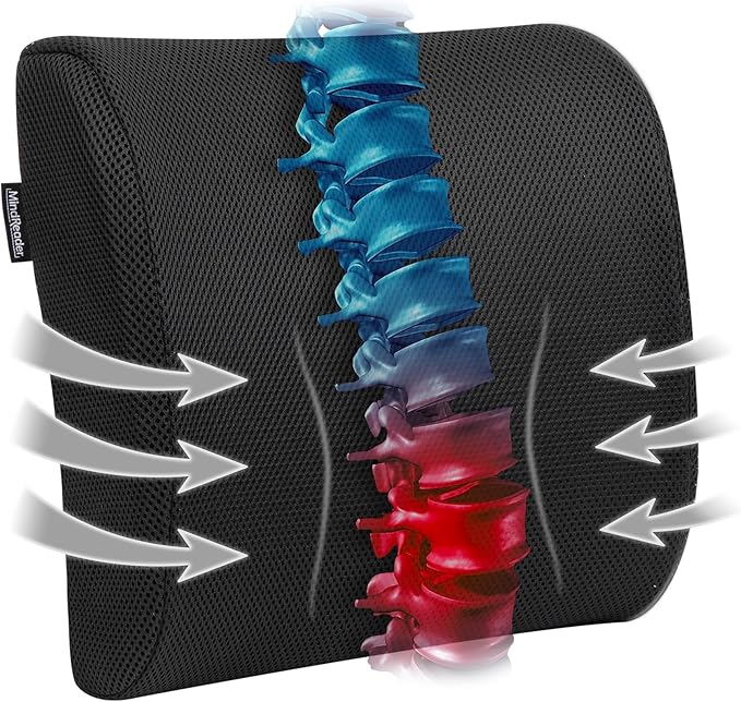 Mind Reader Lumbar Support Cushion for Office Chair and Car Seat, Memory Foam, Air-Cloud Technology, Posture Corrector, Versatile Lower Back Cushion, 13.5"L x 4"W x 12.25"H, Black