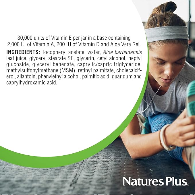 Natures Plus Vitamin E Cream - 30,000 iu, 2.2 oz - Helps Relieve Dry Skin, May Soothe Minor Skin Irritations- with MSM, Aloe Vera, Vitamins A & D - Vegan, Vegetarian