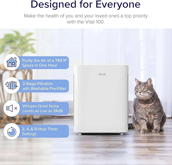 LEVOIT Air Purifier for Home Bedroom, Quiet Cleaner with Washable Pre-Filter for Allergies, Smoke, Dust, Pollen, AHAM VERIFIDE, Odor Eliminators for Large Room, Pet Hair Remover, Vital 100, White