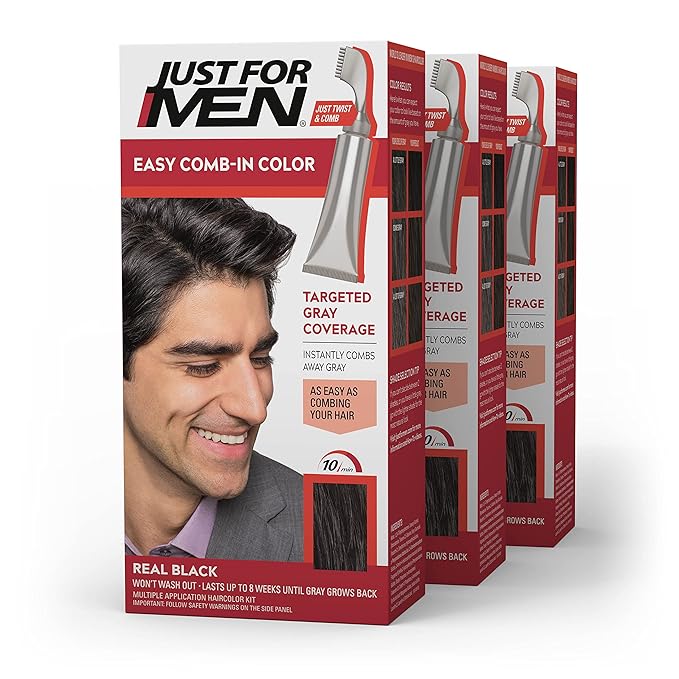 Just For Men Easy Comb-In Color Mens Hair Dye & Shampoo-In Color (Formerly Original Formula), Mens Hair Color with Keratin and Vitamin E for Stronger Hair - Jet Black, H-60, Pack of 3