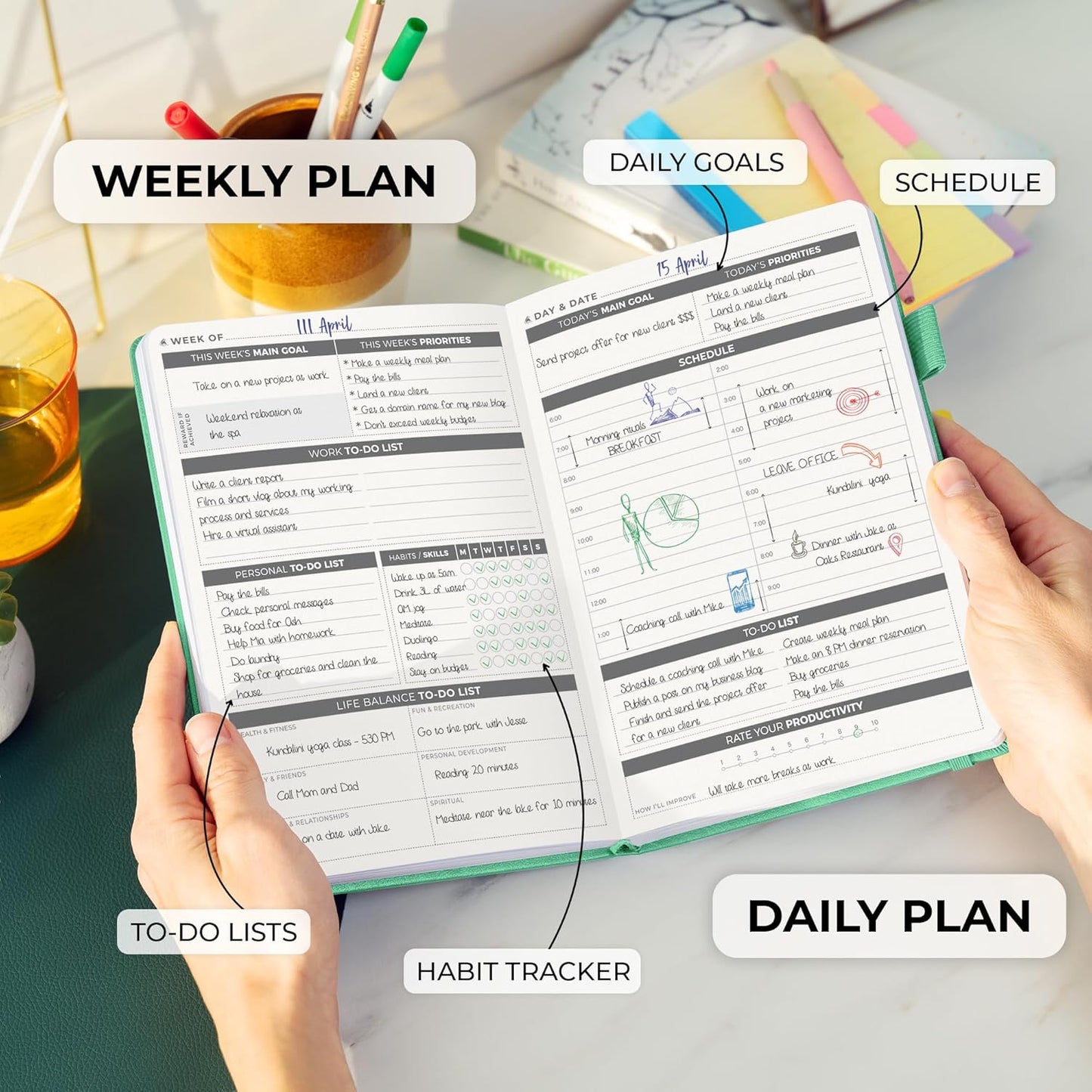 Clever Fox Daily Planner – Undated Planning Notebook with Hourly Schedule & To-Do List – Personal Day Task & Work Organizer, 6 Months (Emerald)