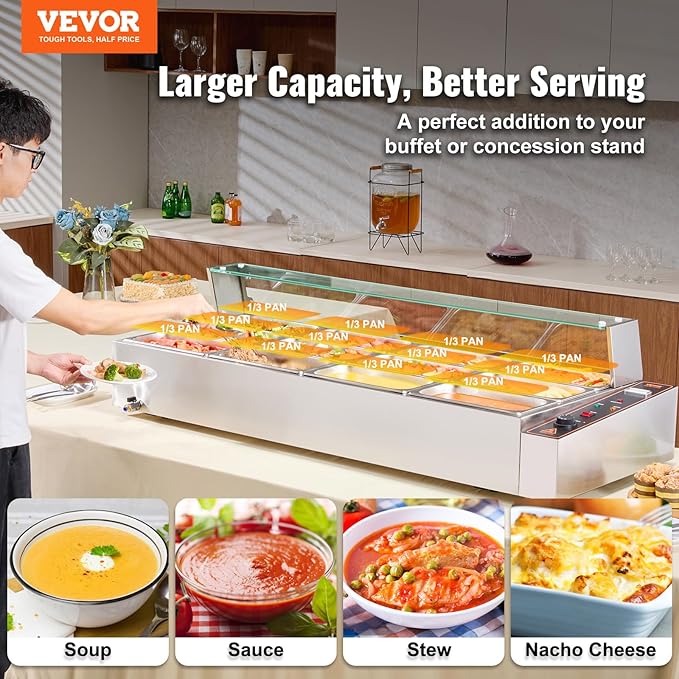 VEVOR 12-Pan Commercial Food Warmer, 12 x 8QT Electric Steam Table with Glass Cover, 3200W Countertop Stainless Steel Buffet Bain Marie w/Thermometer 86-185°F Temp Control for Catering, Restaurants