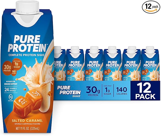 Pure Protein Salted Caramel Shake, Ready to Drink and Keto-Friendly, Vitamins A, C, D, and E Plus Zinc to Support Immune Health, 11 Oz, 12 Count