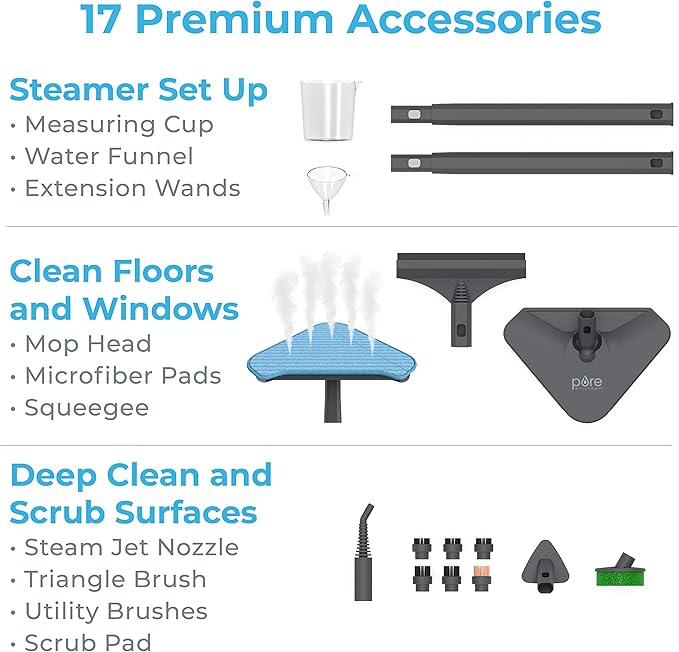 Pure Enrichment PureClean Steam Cleaner with 17 Accessories, Multi-Purpose Household Rolling Steamer for Chemical-Free Deep Cleaning of Floors, Upholstery, Windows, Grout, Grills, Cars, and More