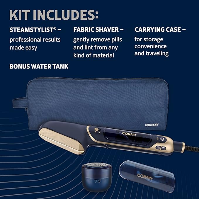 Conair Steam Stylist with Fabric Shaver, Extra Water Tank, and Storage Bag - Amazon Exclusive | Press Iron & Steamer - Great for Home, Office, or Travel | 3-in-1 Steam Iron for Quick Wrinkle Removal