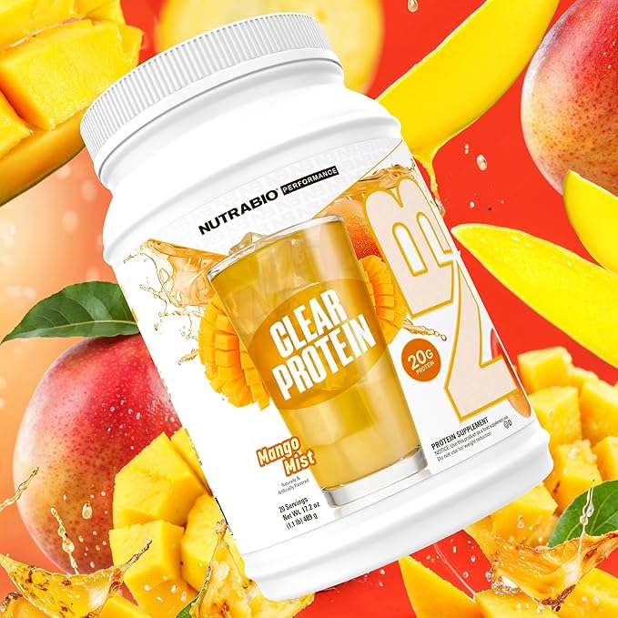 NutraBio Clear Whey Isolate Protein Powder, Delicious & Refreshing Fruit Flavors, Protein Juice, No Milky Taste, No Foam, Zero Sugar, Mango Mist, 20 Servings