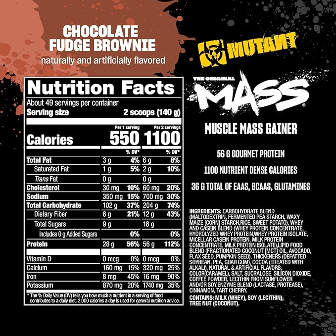 Mutant Mass Weight Gainer Protein Powder - High Calorie Protein for Lean Mass, Muscle Build, & Bulking - 5 Pound - Chocolate Fudge Brownie