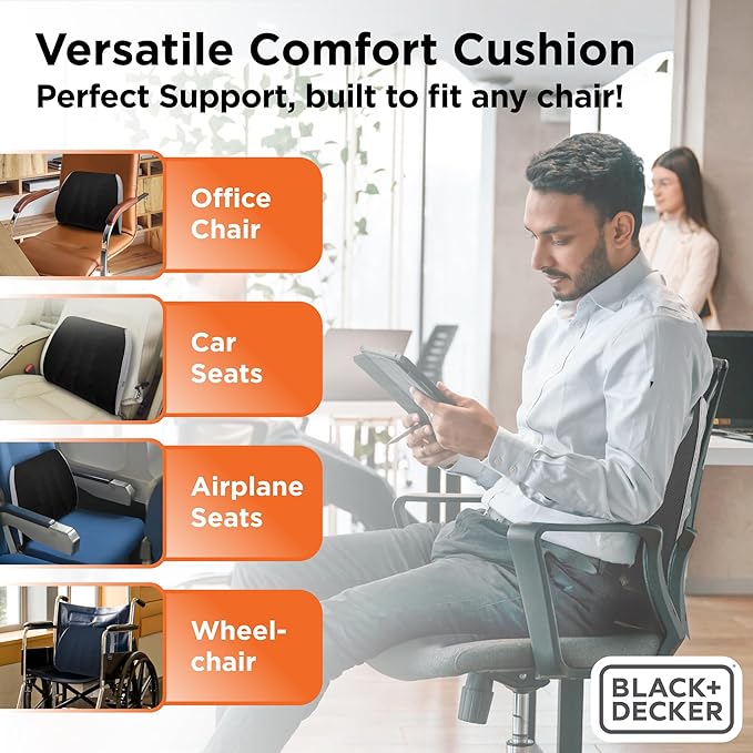 BLACK+DECKER Memory Foam Lumbar Support Pillow Lumbar Cushion with Multiple Massage Points for Office, Car, Wheelchair & Airplane Ergonomic, Pain Relief, Adjustable Strap, Washable Cover, Black/Grey