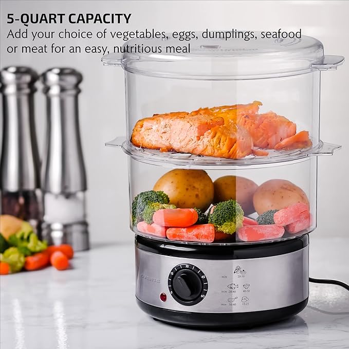 OVENTE 2 Tier Electric Food Steamer for Cooking Vegetables, Stainless Steel Base, Stackable and Dishwasher Safe Baskets, 400W with Auto Shutoff and 60-Minute Timer, 5 Quart Capacity, Silver FS62S