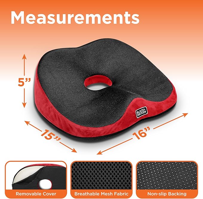 BLACK+DECKER High Back Tailbone Seat Cushion – Memory Foam Chair Cushion for Office, Car, Wheelchair & Airplane – Ergonomic, Non Slip, Breathable Mesh, Sciatic Pain Relief, Washable Cover, Purple