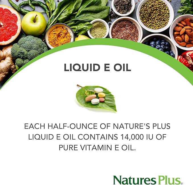 Natures Plus Vitamin E Oil - 14,000 IU, .5 fl oz - Moisturizes Face And Skin, Reduces Brown Spots, Strengthens Nails, Promotes Hair Growth, Antioxidant, Anti-Aging - Vegan