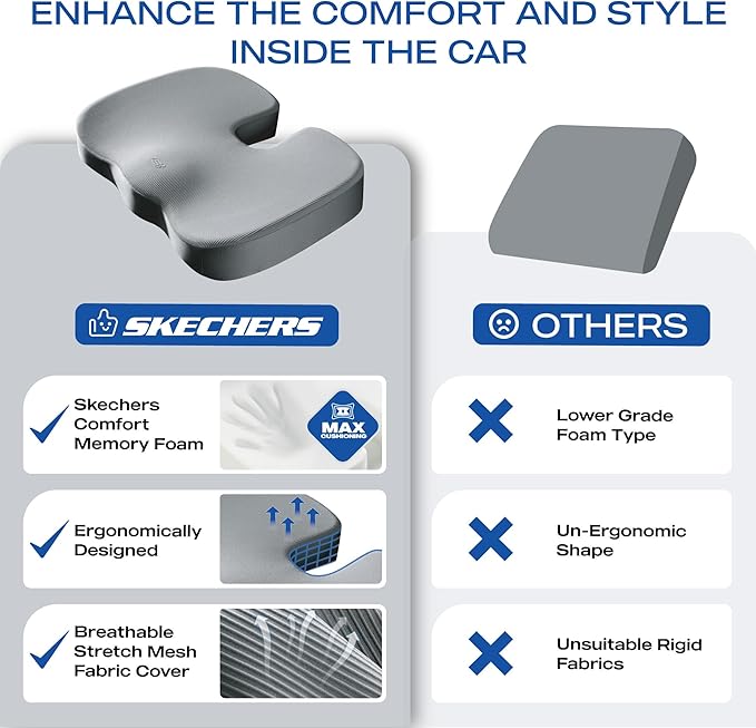 Skechers Memory Foam Seat Cushion,Office Chair Cushion for Tailbone Pain Relief,Butt Pillow for Office Chair,Car seat Cushion,Computer Desk,Long Sitting Office Workers,and Car Drivers,Grey