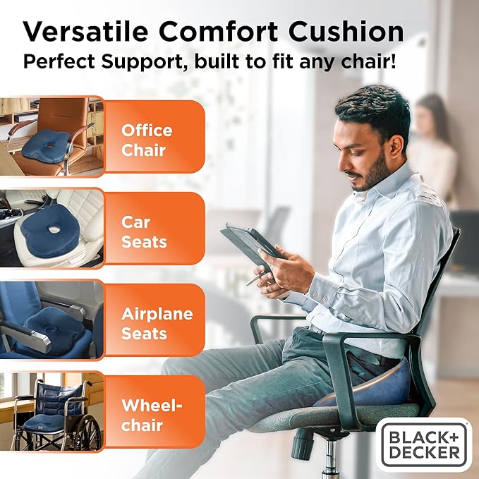 BLACK+DECKER High Back Tailbone Seat Cushion – Memory Foam Chair Cushion for Office, Car, Wheelchair & Airplane – Ergonomic, Non Slip, Breathable Mesh, Sciatic Pain Relief, Washable Cover, Blue