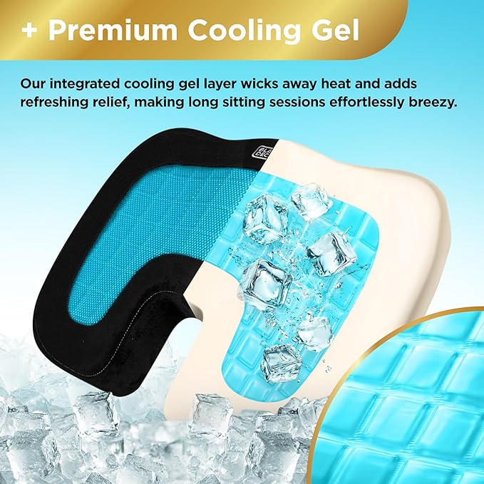 BLACK+DECKER Gel U-Shape Seat Cushion – Cooling Memory Foam Chair Cushion for Office, Car, Wheelchair & Airplane – Ergonomic, Non-Slip, Pain Relief, Washable Cover
