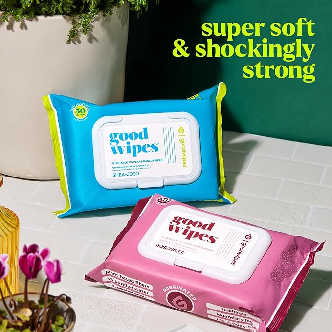 goodwipes Flushable Butt Wipes - Extra Large Adult Wet Wipes For Women & Men - Bathroom Essentials - Sewer & Septic Safe - Rosewater, 153 Count (3 Packs + 3 Individually Wrapped)