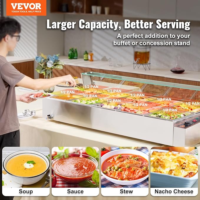 VEVOR 10-Pan Commercial Food Warmer, 10 x 8QT Electric Steam Table with Glass Cover, 1700W Countertop Stainless Steel Buffet Bain Marie 86-185°F Temp Control for Catering, Restaurants, Silver