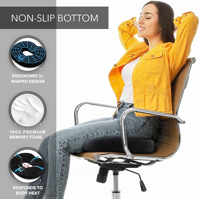 Everlasting Comfort Memory Foam Donut Pillow for Tailbone Pain Relief - Ergonomic Hemorrhoid Pillow for Sitting - Machine Washable, Anti-Slip - Ideal Donut Seat Cushion for Postpartum Pregnancy