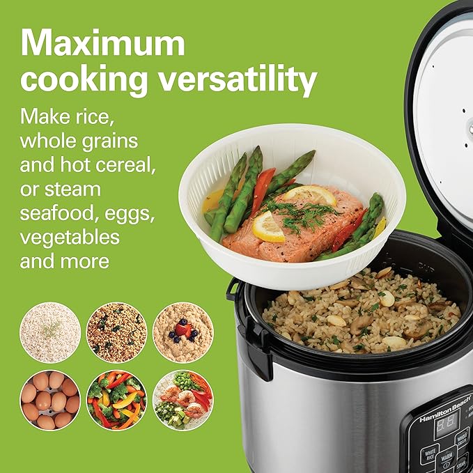 Hamilton Beach Digital Programmable Rice Cooker & Food Steamer & Portable 6 Quart Set & Forget Digital Programmable Slow Cooker Lock, Dishwasher Safe Crock & Lid, Temperature Probe, Stainless Steel