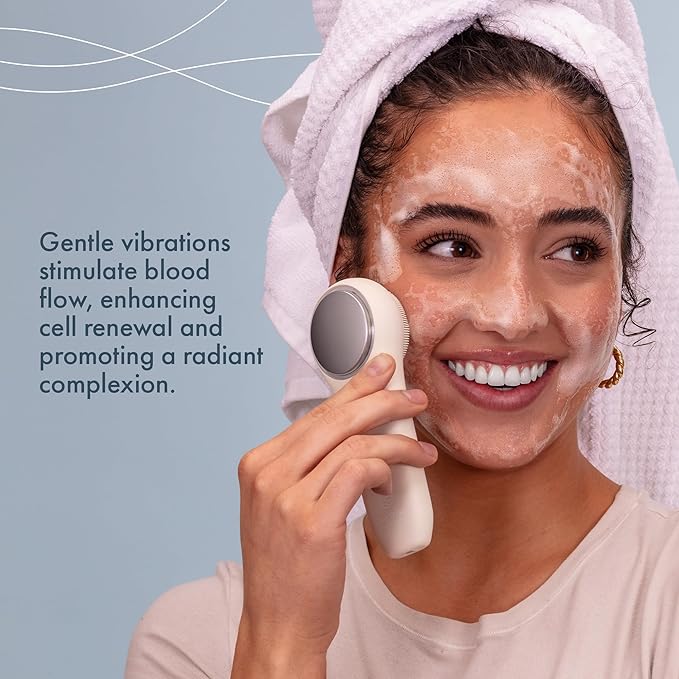 Facial Cleansing Brush, Rechargeable Electric Face Scrubber, Waterproof Silicone Face Brush Cleanser w/Fast USB-C Charger, Massaging & Exfoliating Face Wash Brush for Men & Women (Beige)