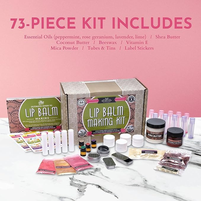 DIY Gift Kits 73-Piece DIY Lip Balm Kit | Includes All Natural & Organic Essential Oils, Shea Butter, Filling Tray & More | Makes 23 Homemade Lip Balms | For Dry & Chapped Lips | For Kids & Adults