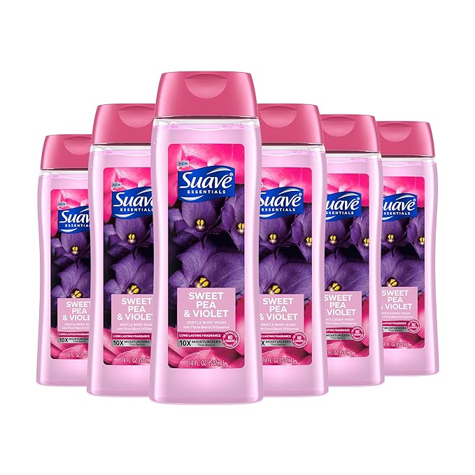 Suave Body Wash Bundle with Ocean Breeze and Sweet Pea Violet Scents, Vitamin E, 18 Oz Packs of 6