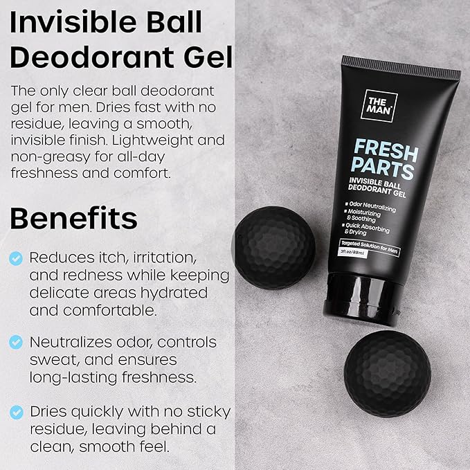 The Man Fresh Parts-Invisible Ball Deodorant Gel-Odor Control & Intimate Deodorant for Men-Quick Drying Balls, Crotch & Groin Gel-No Sticky or Powdery Residue-Sweat Defense for Happy Nuts (3 fl.oz)