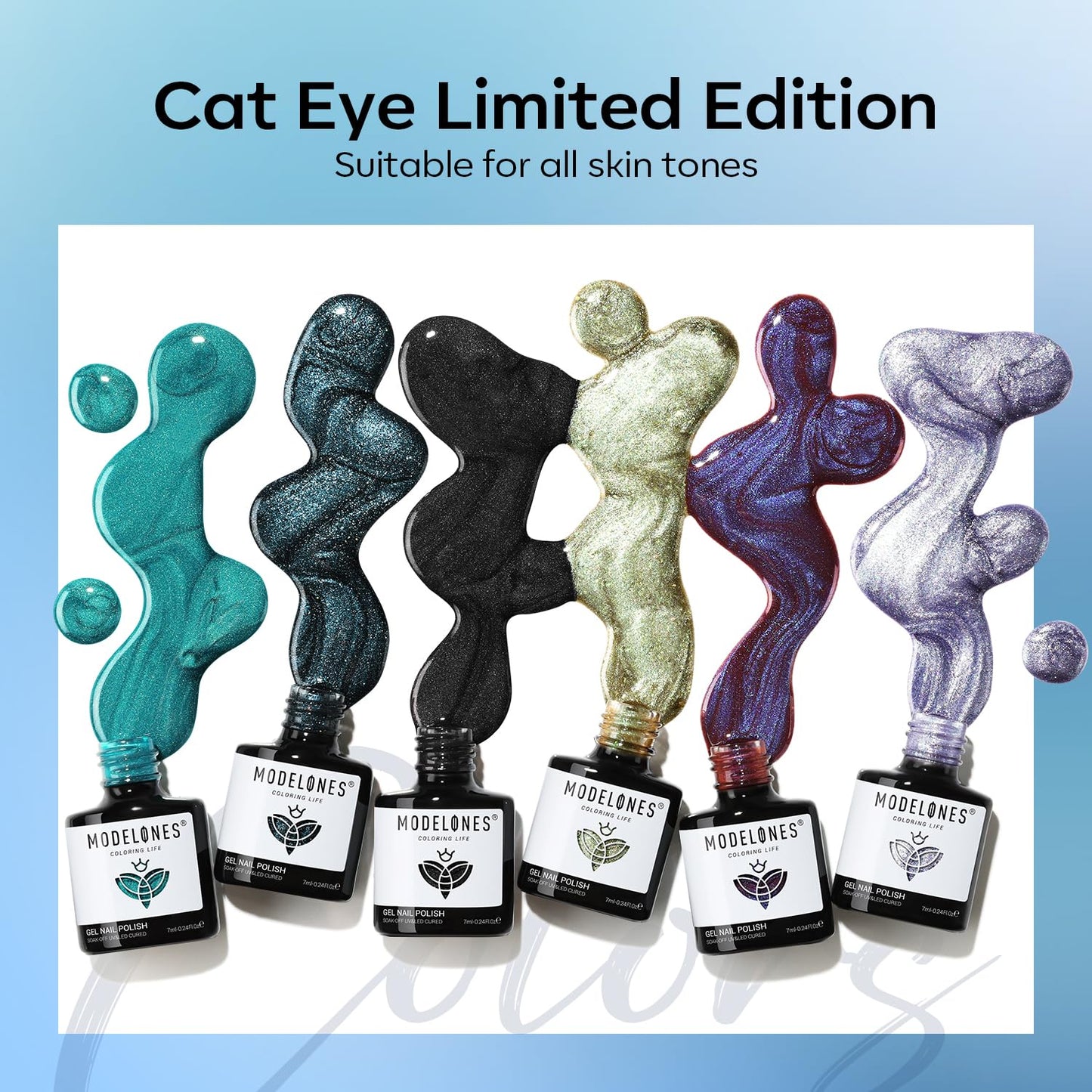 modelones Cat Eye Gel Nail Polish Set, 6 Colors Fall Winter Holographic 9D Glassy Cat Eye Glitter Gel Polish Set Black Blue Purple Green Nail Polish Kit with Magnet Soak Off LED Nail Art DIY Gift