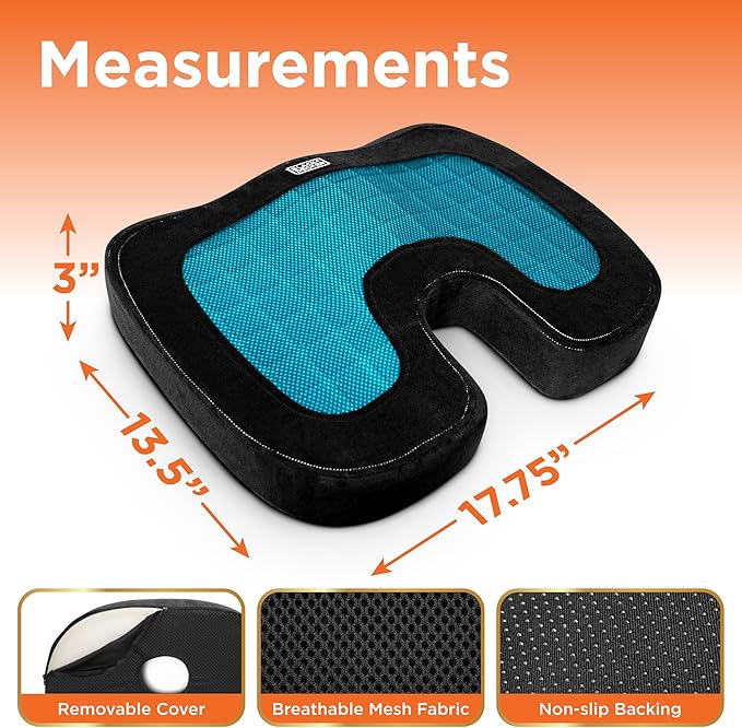 BLACK+DECKER Gel U-Shape Seat Cushion – Cooling Memory Foam Chair Cushion for Office, Car, Wheelchair & Airplane – Ergonomic, Non-Slip, Pain Relief, Washable Cover