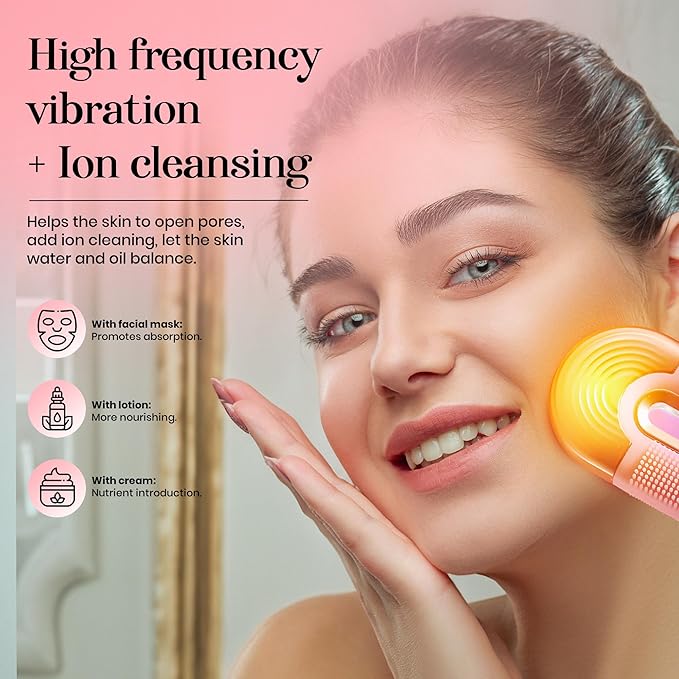 Electric Facial Cleansing Brush- 3 in 1 Multifunctional Face Cleanser Brush, Exfoliator & Massager - Vibrating Face Scrubber- Face Wash Brush with Wireless Charger, Pink
