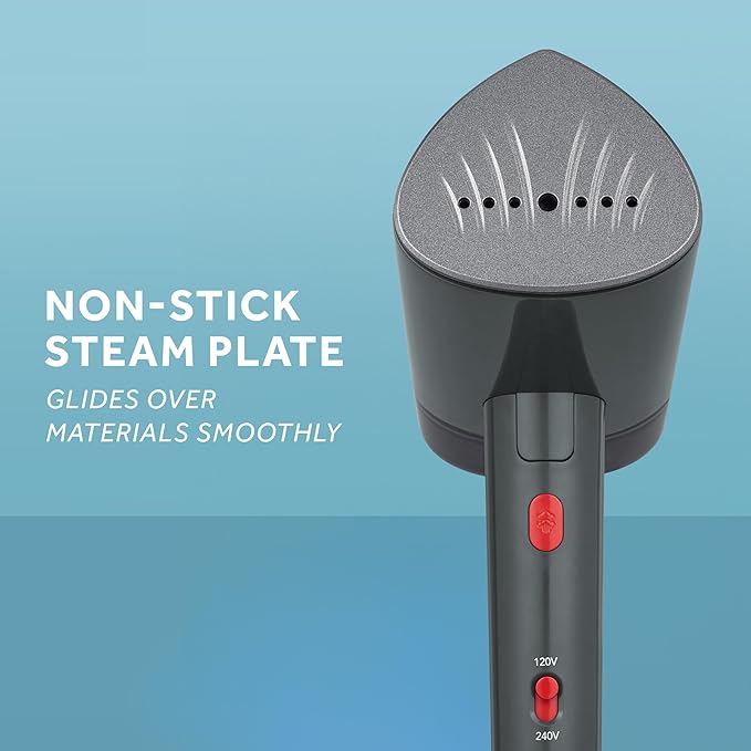 Sunbeam 1520W Handheld Steamer for Clothes, Portable, Foldable, Travel Steamer, Dual Voltage 120/240, Non-Stick, High and Low Steam Setting, 25s Heat Up, 140ml Tank, Bristle Brush, Storage Bag, Black