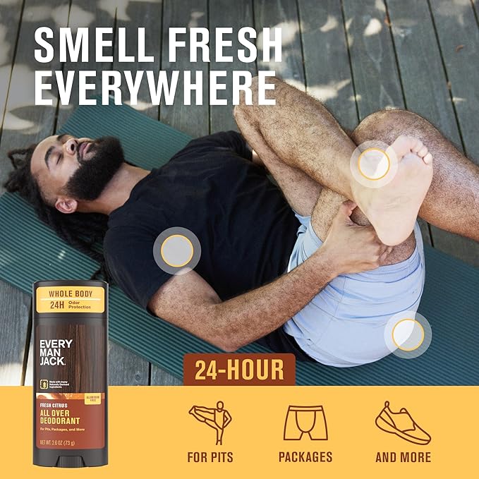 Every Man Jack All Over Deodorant - 24 Hour Whole Body Odor Protection - Aluminum Free - Fresh Citrus Scent 2.6 oz (1 Pack)