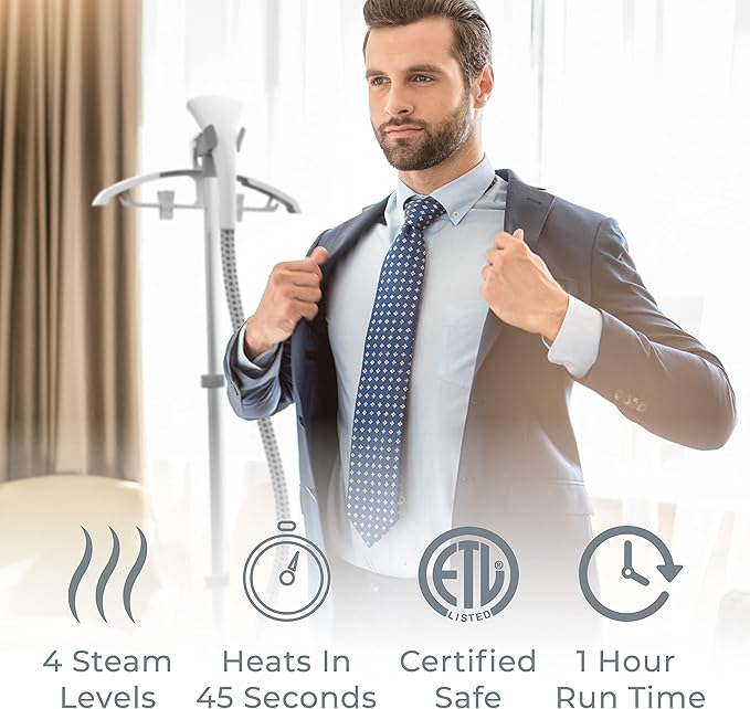 Pure Enrichment PureSteam Pro Upright Clothes Steamer - Professional Standing Garment Steamer & Foot Pedal - Half Gallon Tank with 1 Hr of Steam at 4 Heat Levels that Heats in 45 Seconds