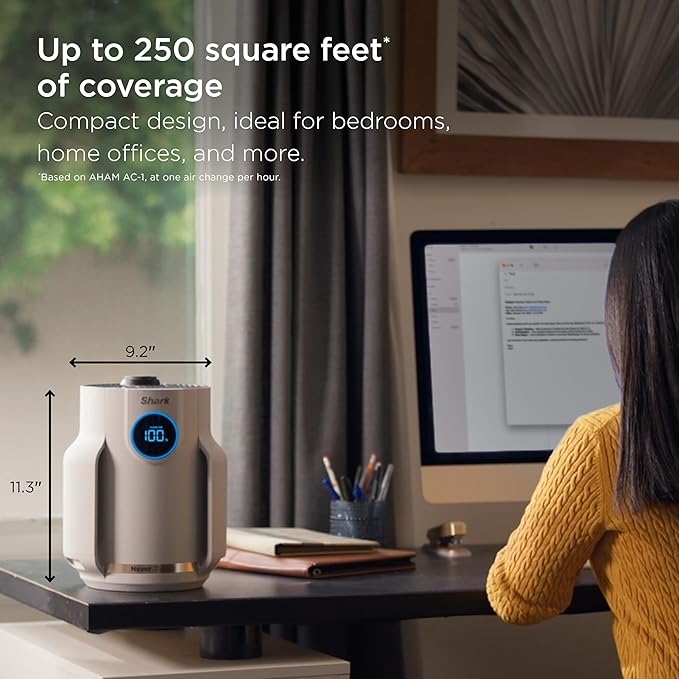 Shark NeverChange Air Purifier Compact Pro with Long-lasting HEPA Exceeding Filtration, Captures Pet Dander, Dust, Smoke, and Allergens, up to 250 sq. ft. for Bedroom, Home Office, Dorm, HP072GN