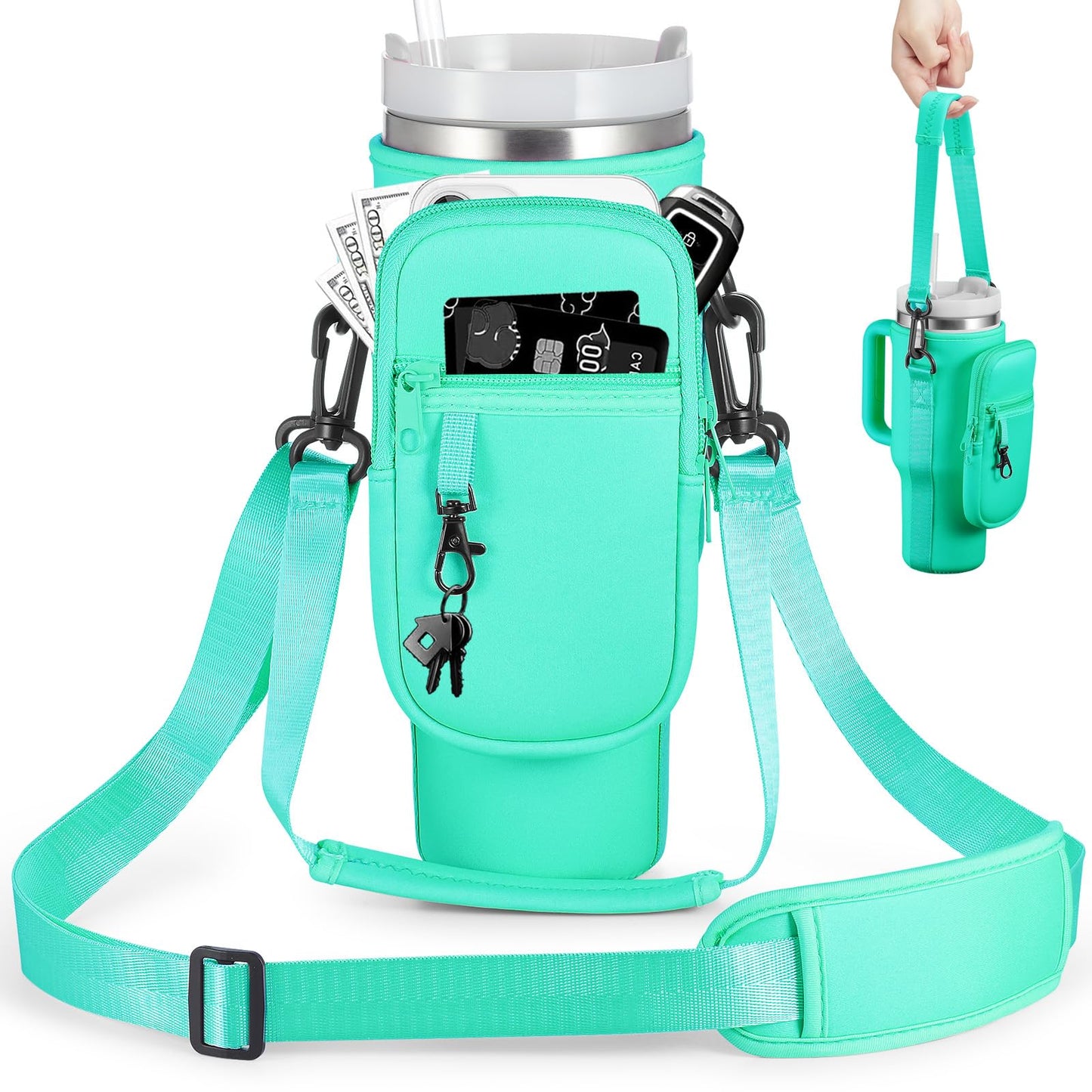 BULKITEM 30oz Water Bottle Carrier Bag with Phone Pocket for Green Stanley 30 oz Tumbler with Handle, Green Insulated Neoprene Cup Holder Pouch Strap for Valentines Stanley Cup Accessories