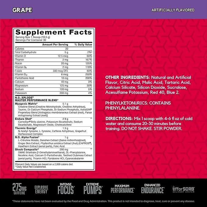 BSN N.O.-XPLODE Pre Workout Powder, Energy Supplement for Men and Women with Creatine and Beta-Alanine, Flavor: Grape, 30 Servings