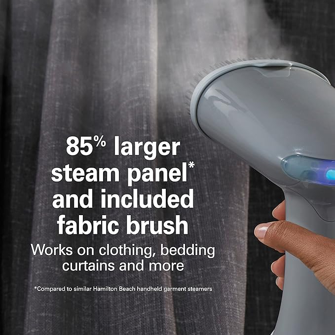 Hamilton Beach Handheld Garment Steamer for Clothes, Fabric and Drapes,1200 Watts, 400ml Water Tank, 20 Minutes of Continuous Steam, Vacation Essentials, Gray & Blue (11557)