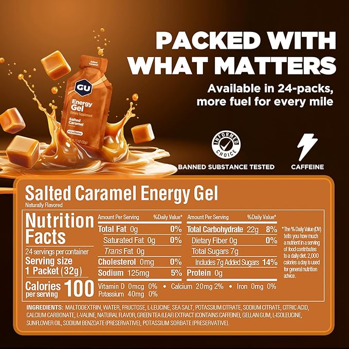 GU Energy Original Sports Nutrition Energy Gel, Vegan, Gluten-Free, Kosher, and Dairy-Free On-the-Go Energy for Any Workout, 24-Count, Salted Caramel