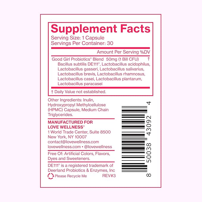 Love Wellness Good Girl Probiotics | Women's Vaginal Health Supplement | Vaginal Probiotics for Women pH Balance & Urinary Tract Health | Support Vaginal Odor & Flora | 30 Count