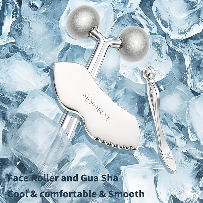 Face Roller Massager Skin & Gua Sha Facial Tools Stainless Steel, Facial Massage Skin Care for Face Neck Body, Reduce Puffiness Remove Wrinkles, Valentines Gift for Women