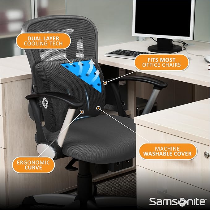Samsonite Memory Foam Lumbar Support Pillow – Ergonomic Back Support Cushion for Car, Office Chair & Travel – Lower Back Cushion for Driving Comfort – Best Lumbar Pillow for Pain Relief
