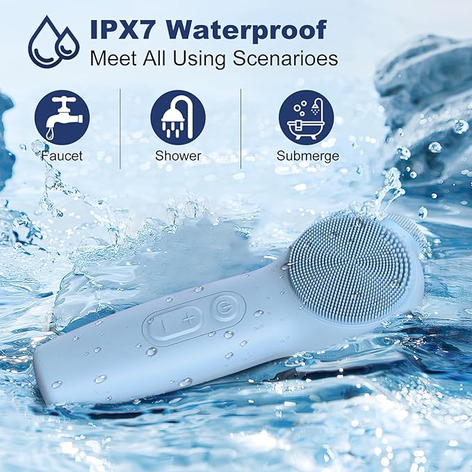 Facial Cleansing Brush, Silicone Electric Face Scrubber Waterproof Sonic Vibration Face Cleanser Brush for Men Women, Rechargeable Face Brushes with Nose Scrub Brush Exfoliating Massaging(Blue)