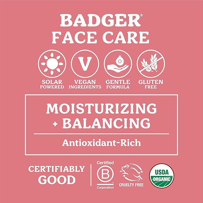 Badger Rose Face Oil, 100% Organic Face Moisturizer, Nourishing & Soothing Organic Jojoba Oil & Rose Oil, Vegan Antioxidant Rich Moisturizing Facial Oil, 1 fl oz Glass Bottle
